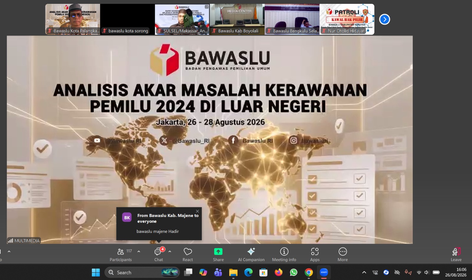 Bawaslu Kabupaten Katingan mengikuti kegiatan daring Analisis Akar Permasalahan Kerawanan Pemilu 2024 di Luar Negeri yang diselenggarakan Bawaslu RI, Rabu (26/8/2026). Kegiatan tersebut diikuti jajaran Bawaslu/Panwaslih dari tingkat provinsi hingga kabupaten/kota.
