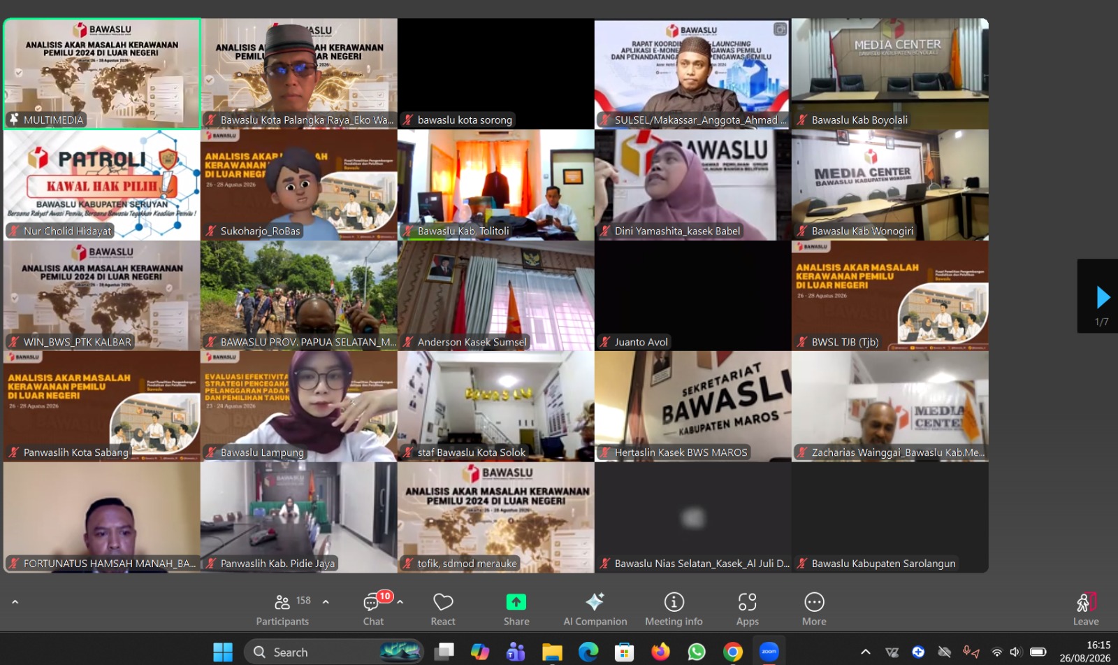 Bawaslu Kabupaten Katingan mengikuti kegiatan Analisis Akar Permasalahan Kerawanan Pemilu Tahun 2024 di Luar Negeri yang diselenggarakan Bawaslu RI secara daring, Rabu hingga Jumat, 26–28 Agustus 2026.