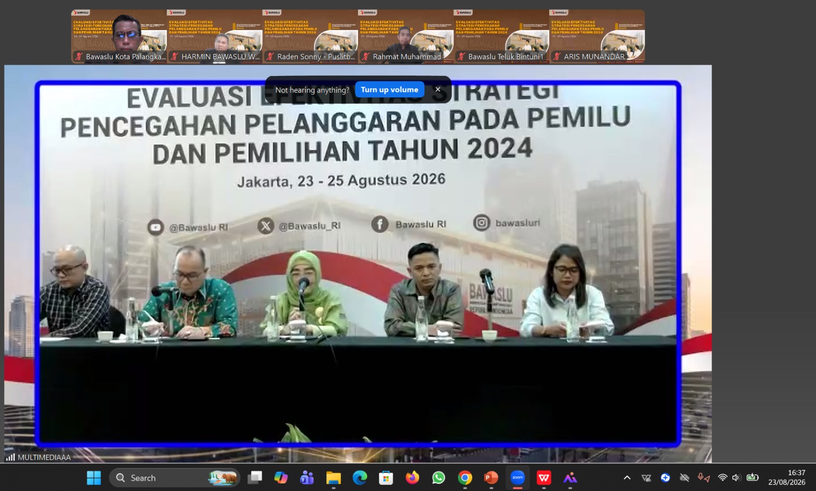 Bawaslu RI menggelar kegiatan Evaluasi Efektivitas Strategi Pencegahan Pelanggaran pada Pemilu dan Pemilihan Tahun 2024 yang berlangsung pada 23–25 Agustus 2026 di Jakarta. Kegiatan ini diikuti jajaran Bawaslu dari berbagai daerah, termasuk Bawaslu Kabupaten Katingan, sebagai bagian dari upaya mengevaluasi dan memperkuat strategi pencegahan pelanggaran dalam penyelenggaraan pemilu dan pemilihan.