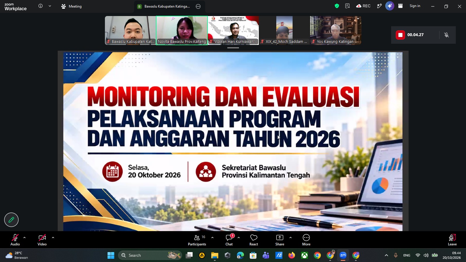 Bawaslu Kabupaten Katingan mengikuti Rapat Monitoring dan Evaluasi Pelaksanaan Program dan Anggaran Tahun 2026 secara daring melalui Zoom Meeting, Selasa (20/10/2026).